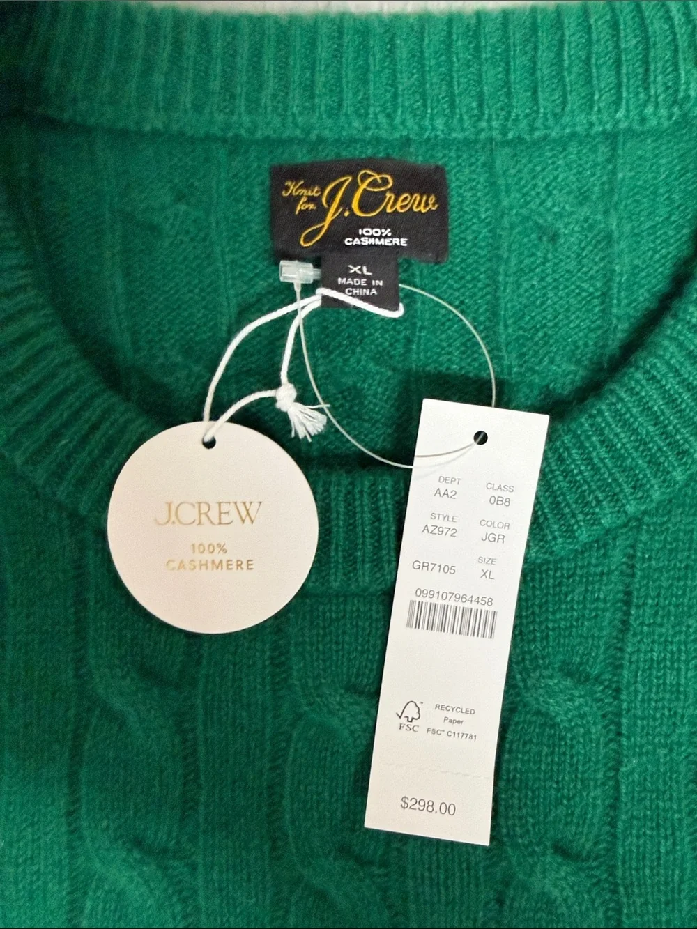 J. Crew Men's Cable Knit Crewneck Sweater - 100% Cashmere!!